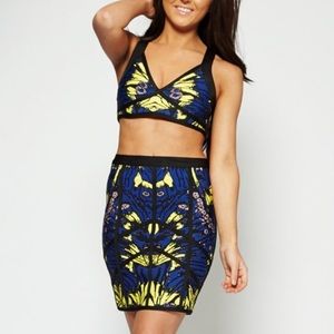 Blue Yellow Two Piece Bandage Set Crop Top Skirt